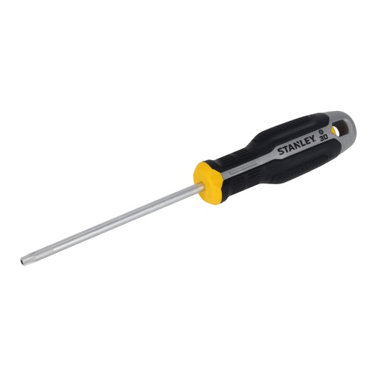 STANLEY FMHT65748-0 schroevendraaier met zwart-gele handgreep, onder een hoek gefotografeerd op witte achtergrond.