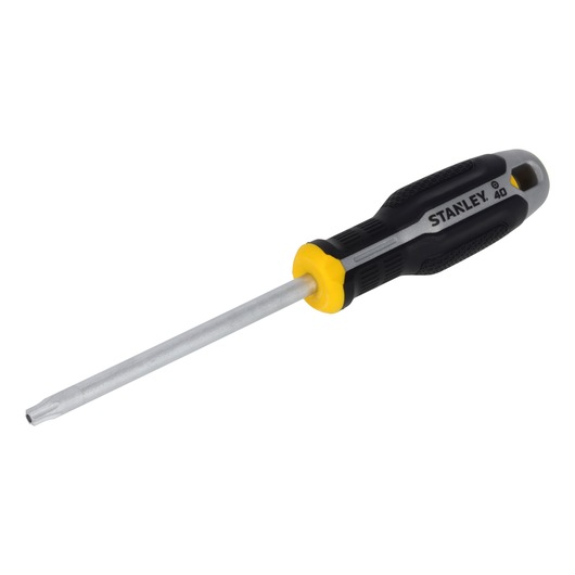 STANLEY FMHT65749-0 Torx-schroevendraaier met zwart en geel handvat, schuine zijaanzicht op witte achtergrond.