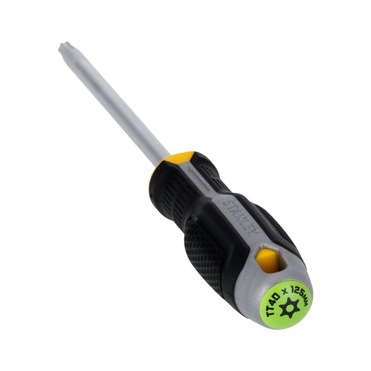 STANLEY FMHT65749-0 Torx-schroevendraaier met zwart-gele handgreep, TT40 x 125mm, onder een hoek op witte achtergrond.