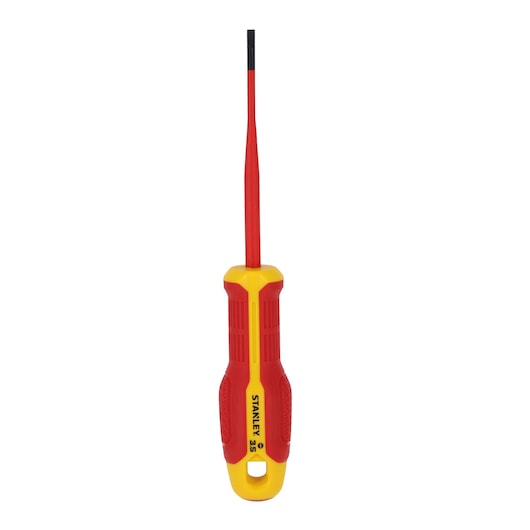 STANLEY FMHT65751-0 tournevis isolé à tête plate, manche rouge et jaune, vue de face sur fond blanc.
