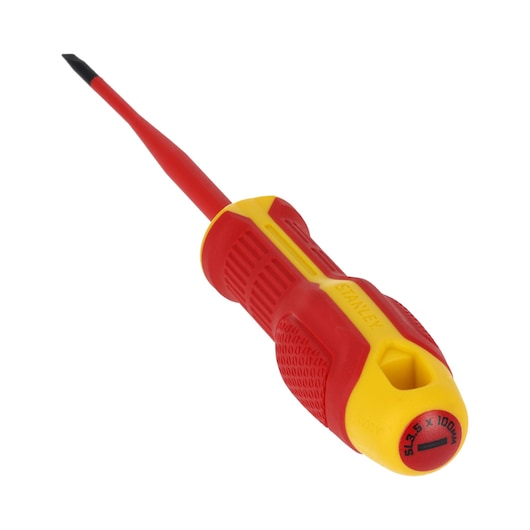 STANLEY FMHT65751-0 tournevis plat isolé, manche rouge et jaune, vue en angle sur fond blanc.