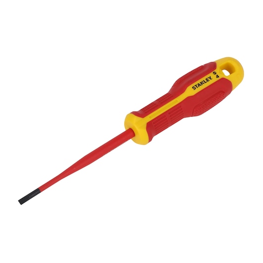 STANLEY FMHT65752-0 geïsoleerde platte schroevendraaier, rood en geel, zijaanzicht, ergonomische handgreep.