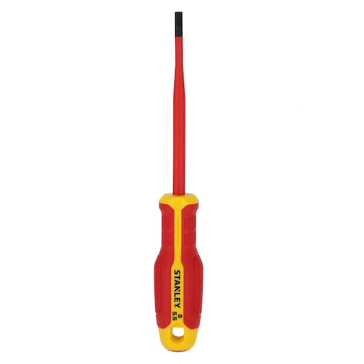 STANLEY FMHT65753-0 tournevis plat isolé, manche rouge et jaune, photographié de face sur fond blanc.