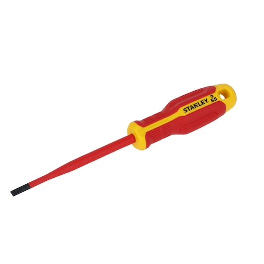 STANLEY FMHT65753-0 tournevis plat isolé, manche rouge et jaune, vue latérale sur fond blanc.