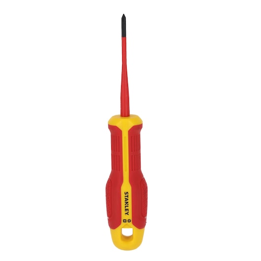 Stanley FMHT65754-0 tournevis Phillips isolé, poignée rouge et jaune, vue de face, photographie de produit.