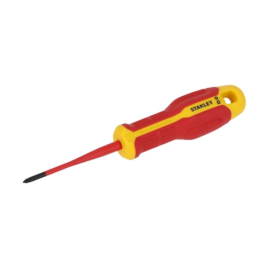 STANLEY FMHT65754-0 tournevis Phillips isolé avec poignée rouge et jaune, vue latérale, fond blanc.
