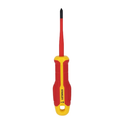 STANLEY FMHT65755-0 tournevis cruciforme isolé avec poignée rouge et jaune, vue de face, fond blanc.
