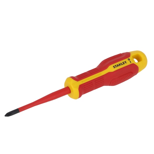 STANLEY FMHT65755-0 tournevis isolé Phillips à manche rouge et jaune, vue latérale.