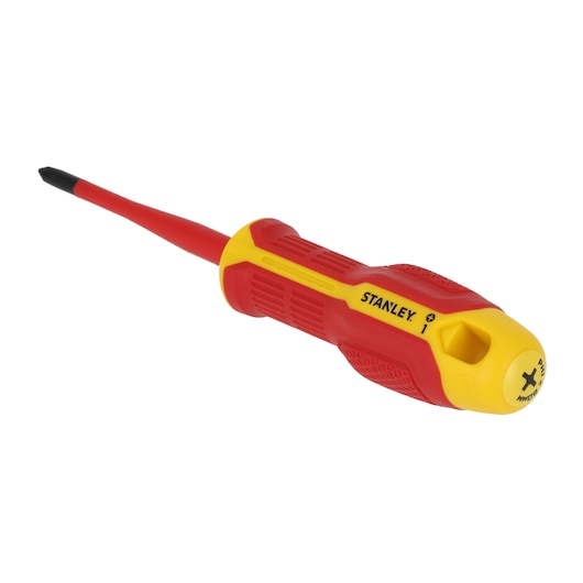Photo du tournevis isolé Phillips STANLEY FMHT65755-0, manche rouge et jaune, vue en angle sur fond blanc.