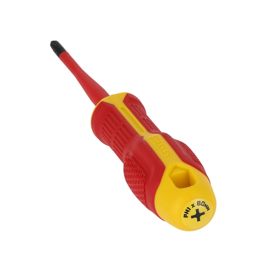 Photo du tournevis isolé Phillips STANLEY FMHT65755-0 avec manche rouge et jaune sur fond blanc.