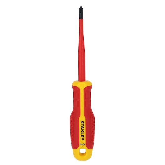 STANLEY FMHT65756-0 tournevis isolé Phillips, manche rouge et jaune, vue de face, fond blanc.