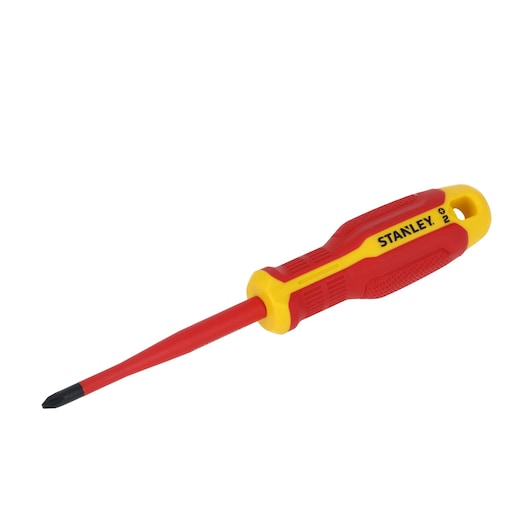 Tournevis isolé Phillips STANLEY FMHT65756-0 avec manche rouge et jaune, incliné sur fond blanc.