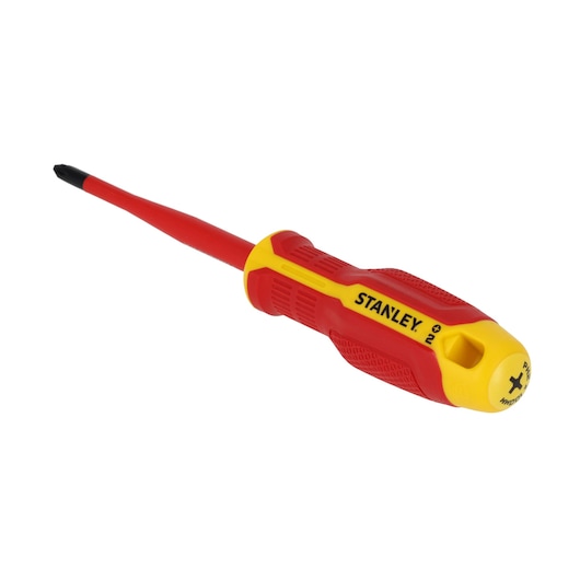 STANLEY FMHT65756-0 tournevis isolé Phillips, manche rouge et jaune, vue de face sur fond blanc.