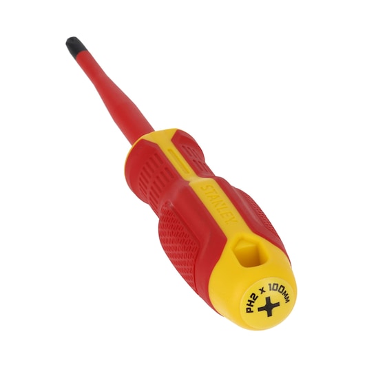 STANLEY FMHT65756-0 tournevis isolé Phillips, poignée rouge et jaune, vue de face inclinée, fond blanc.
