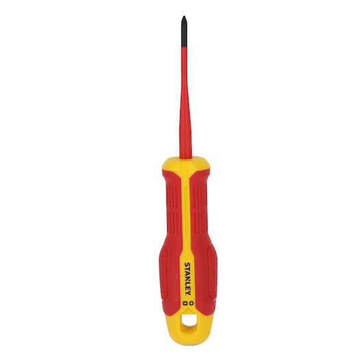 STANLEY FMHT65757-0 tournevis isolé Phillips avec manche rouge et jaune, vue de face sur fond blanc.