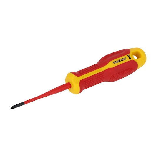 STANLEY FMHT65757-0 tournevis isolé avec poignée rouge et jaune, angle latéral sur fond blanc.