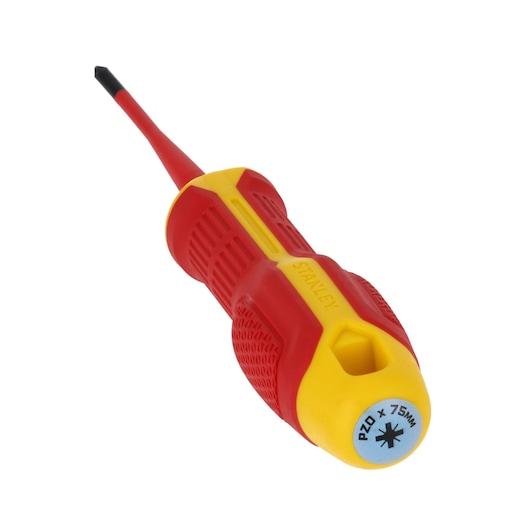 Photo du tournevis isolé Pozidriv STANLEY FMHT65757-0 avec manche rouge et jaune, vue en angle.