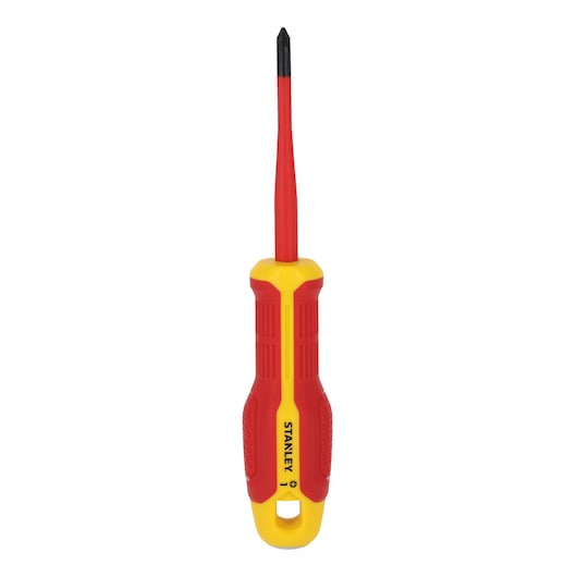 STANLEY FMHT65758-0 tournevis isolé Phillips, manche rouge et jaune, vue de face sur fond blanc.