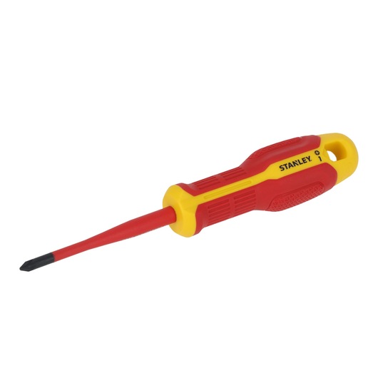 STANLEY FMHT65758-0 tournevis cruciforme isolé à poignée rouge et jaune, vue en angle, sur fond blanc.