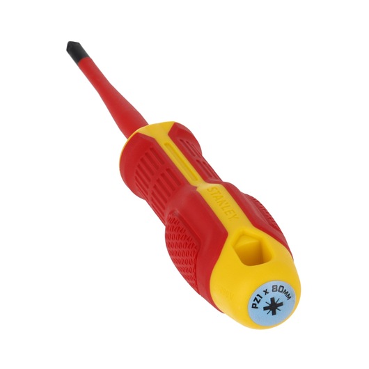 STANLEY FMHT65758-0 tournevis Pozidriv isolé, manche rouge et jaune, PZ1 x 80mm, angle sur fond blanc.