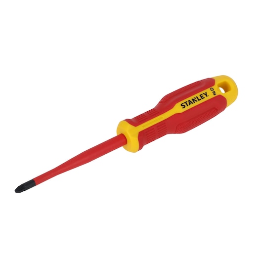 Tournevis isolé Phillips STANLEY FMHT65759-0 avec poignée rouge et jaune, vue latérale, sur fond blanc.