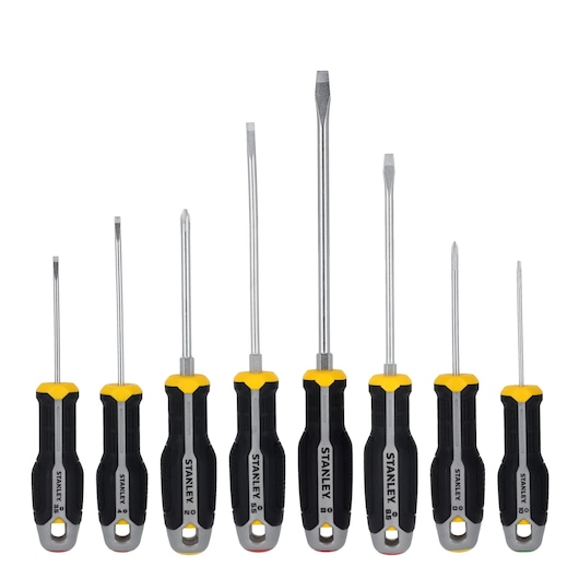 STANLEY FMHT65761-0 lot de tournevis, huit tournevis noir et jaune avec poignées ergonomiques, vue de face.