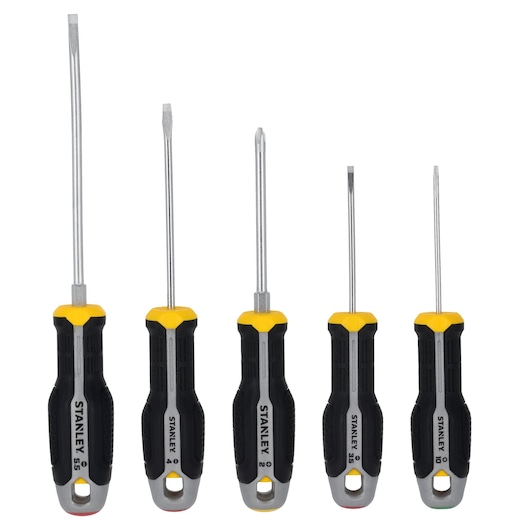 STANLEY FMHT65763-0 schroevendraaierset, vijfdelige set met zwart-gele ergonomische handgrepen, vooraanzicht op witte achtergrond.