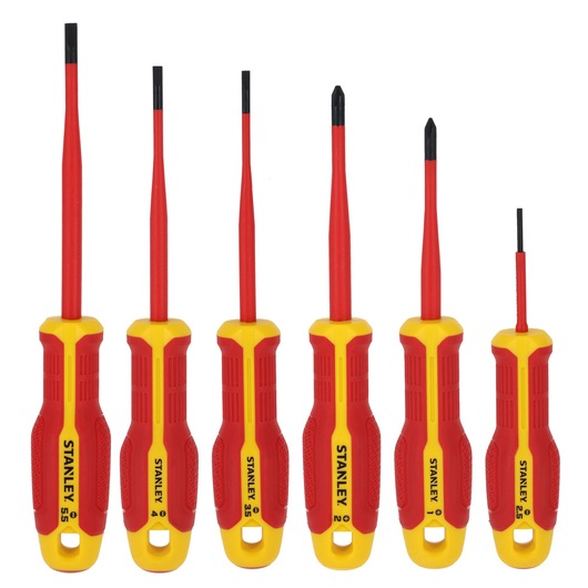 STANLEY FMHT65764-0, jeu de six tournevis isolés à poignées jaunes et rouges, vue de face.