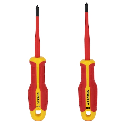 STANLEY FMHT65767-0 geïsoleerde schroevendraaierset, twee rood-gele schroevendraaiers, vooraanzicht, witte achtergrond.
