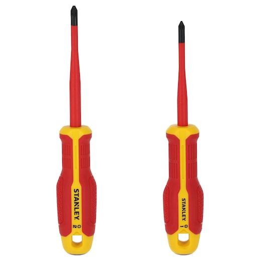 STANLEY FMHT65768-0 geïsoleerde kruiskopschroevendraaierset met rode en gele handgrepen, vooraanzicht, witte achtergrond.