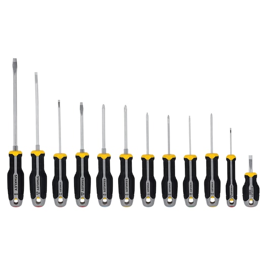 STANLEY FMHT65769-0 schroevendraaierset met zwart-gele handgrepen, platte en kruiskop, vooraanzicht op wit.