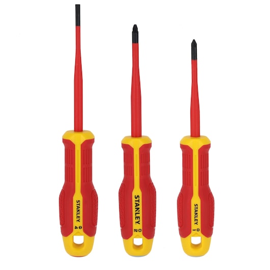 STANLEY FMHT65770-0 geïsoleerde schroevendraaierset met rode en gele handgrepen, vooraanzicht, drie stuks.