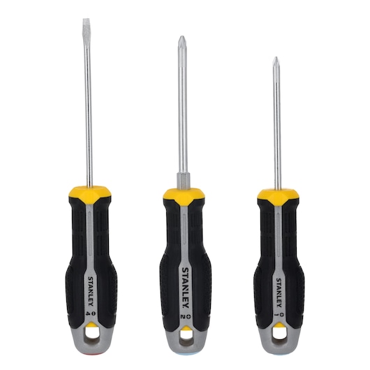 STANLEY FMHT65773-0 coffret de tournevis, trois tournevis noir et jaune, vue de face, fond blanc.