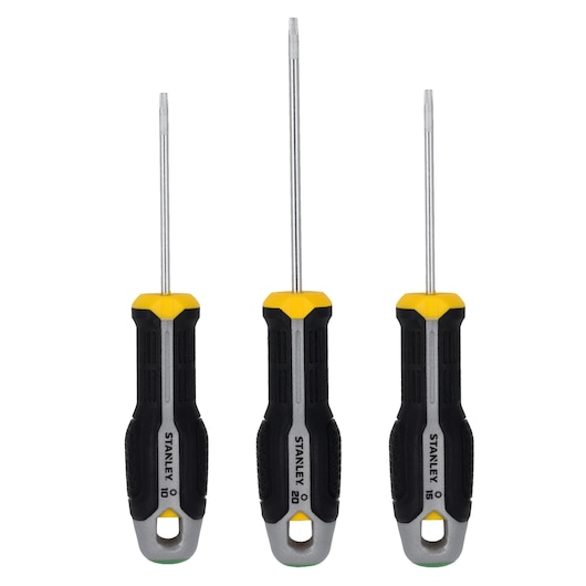 STANLEY FMHT65774-0 schroevendraaierset, drie schroevendraaiers met zwart-gele handgrepen, vooraanzicht, witte achtergrond.