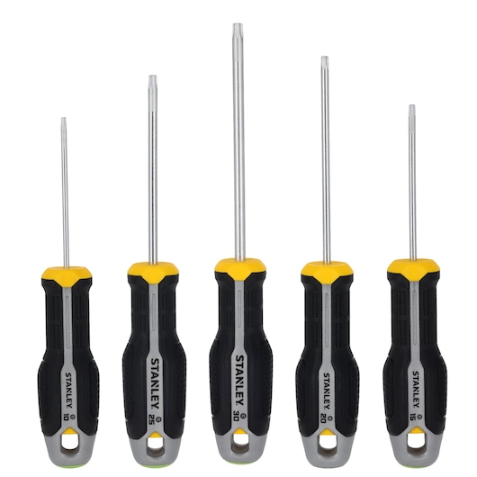 STANLEY FMHT65776-0 set de cinq tournevis Torx à poignées ergonomiques noires et jaunes, vue de face sur fond blanc.