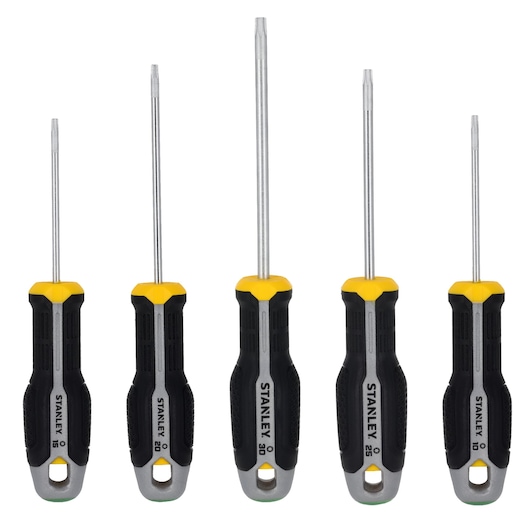 STANLEY FMHT65777-0 set van vijf schroevendraaiers, zwart-gele handgrepen, Torx-punten, vooraanzicht op witte achtergrond.