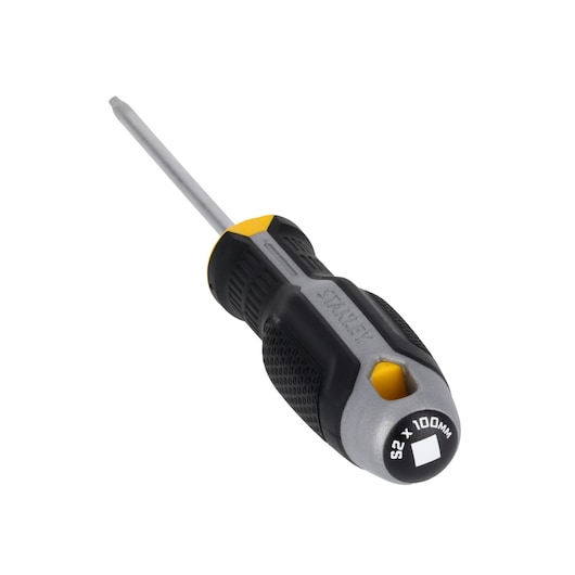 STANLEY FMHT65785-0 tournevis carré avec poignée ergonomique noire et jaune, incliné sur fond blanc.