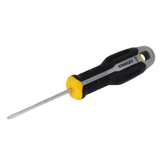 Un tournevis STANLEY avec une poignée ergonomique noire et jaune et une tige métallique, présenté sur un fond blanc.