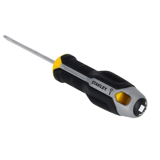 Un tournevis de la marque STANLEY avec un manche ergonomique noir, gris et jaune et un embout plat.