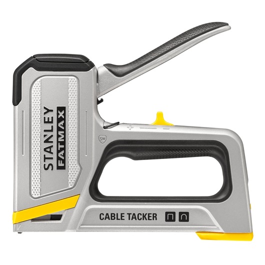 STANLEY FMHT70100-0 cable tacker argent et noir, vue latérale, poignée ergonomique, logo FATMAX.