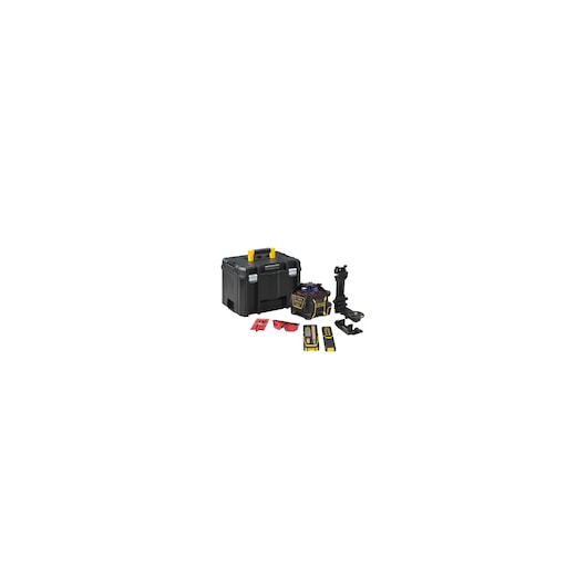 STANLEY FMHT77446-1 kit niveau laser avec appareil noir et jaune, accessoires et mallette de transport, angle avant.
