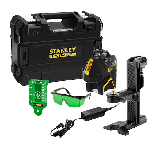 Kit niveau laser STANLEY avec valise, support, lunettes vertes, chargeur et carte de mesure.