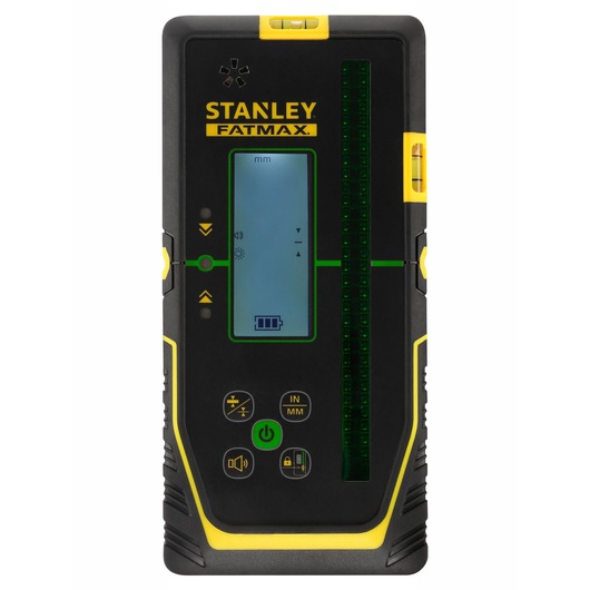 Foto van de STANLEY FMHT77653-0 laserdetector, zwart en geel, vooraanzicht met LCD-scherm en bedieningsknoppen.