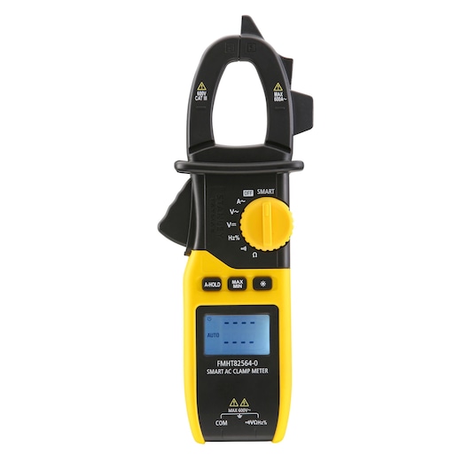 STANLEY FMHT82564-0 pince ampèremétrique intelligente, jaune et noire, vue de face, écran numérique et molette rotative.