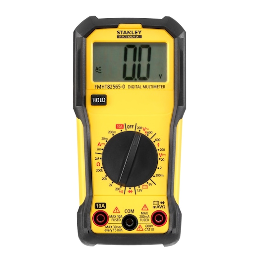 Stanley FMHT82565-0 digitale multimeter geel en zwart, vooraanzicht op witte achtergrond.