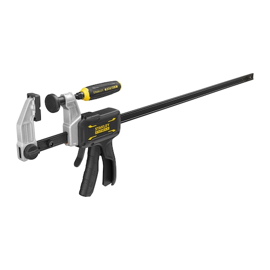 STANLEY FMHT83008-0 pince à gâchette avec poignée jaune et noire, angle latéral, photographie produit.