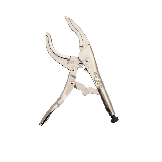 STANLEY STHT84900-0 pince étau à mâchoires incurvées, finition argentée, angle latéral, photographie sur fond blanc.