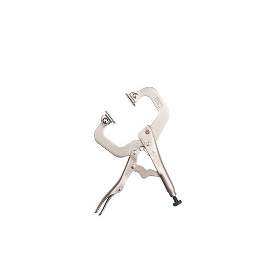 Pince-étau en C STANLEY FMHT84909-0, métal argenté, fond blanc, vue latérale en angle.