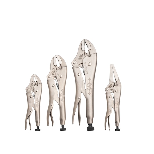 STANLEY FMHT84940-0 ensemble de cinq pinces-étaux argentées, différentes formes de mâchoires, vue de face, fond blanc.
