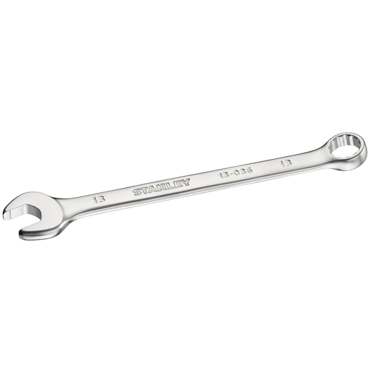 STANLEY FMMT13036-0 combinatiesleutel, zilverkleurig, met open en ringkant, schuine weergave op witte achtergrond.